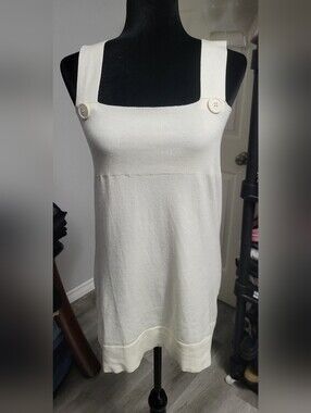CafeBrand Large Ivory Knit Button Strap Babydoll Tank Top Tunic/Mini Dress